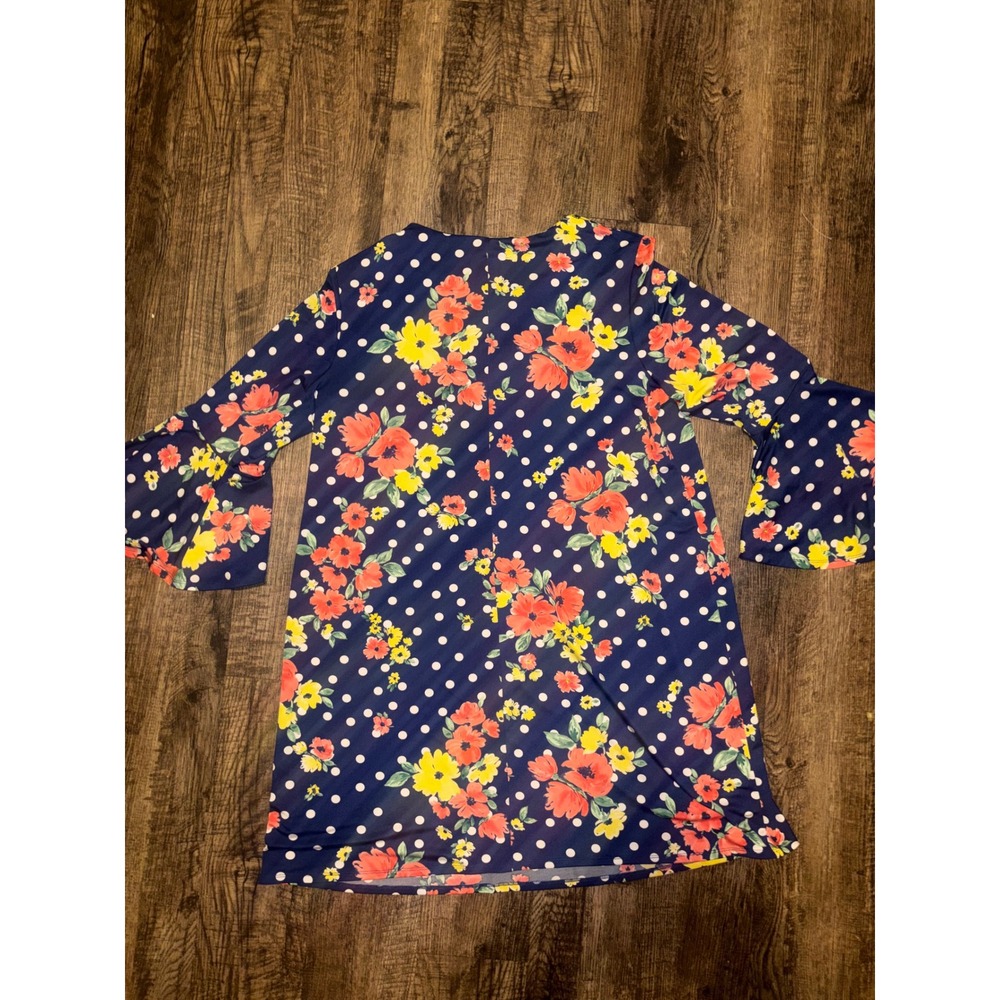 AGB Dress Navy Blue Floral Polka Dot Tiered Bell Sleeve O-Ring Mini Dress XL